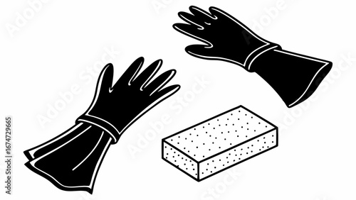 Rubber cleaning gloves and sponge. Essential household supplies for home, kitchen, and bathroom cleaning and hygiene.
