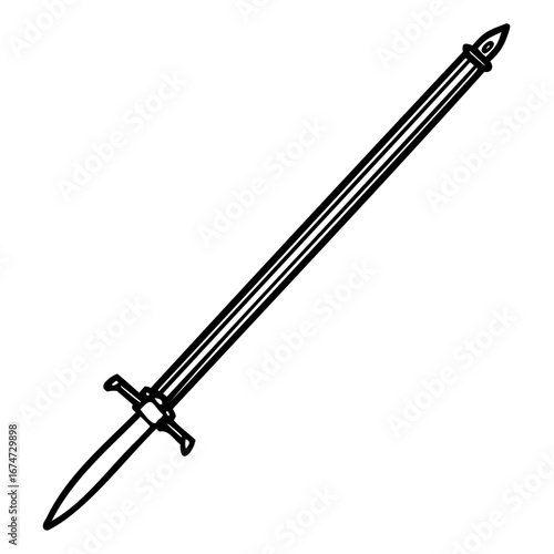 A stylized illustration of a medieval sword with a long, straight blade and a simple crossguard, isolated