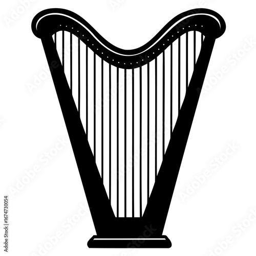 A black silhouette of a harp, a large stringed musical instrument, isolated