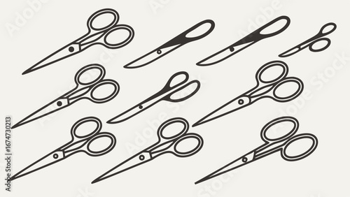 Set of various scissors line art vector illustration. Collection of different cutting tools for craft, sewing, and medical.