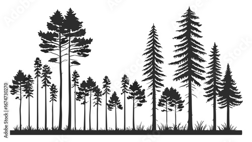 Black and white forest trees silhouette. Nature landscape with pine and coniferous woods background. Outdoor scene.