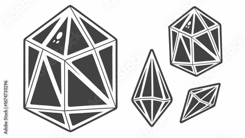Abstract geometric crystal shapes illustration. Modern faceted design elements. Minimalist black and white graphic art background.