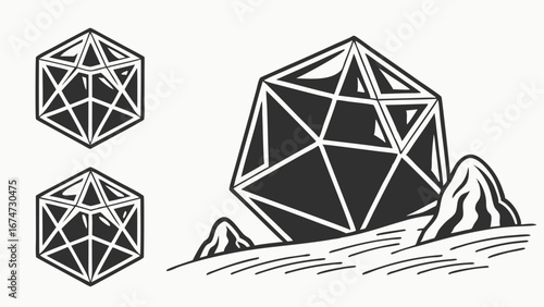 Abstract geometric shapes vector illustration. Icosahedron polyhedrons for math science technology and design concept. Black and white.