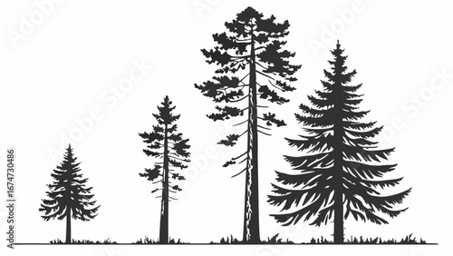 Pine trees vector illustration. Forest nature landscape with evergreen trees of various sizes. Black and white woodland sketch drawing.