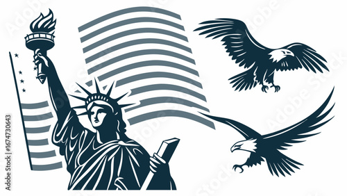 Statue of Liberty, American flag, and bald eagles. Iconic symbols of freedom, patriotism, and national pride in USA.