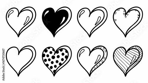 Hand drawn hearts set. Doodle love symbols collection. Black and white illustrations for Valentine's Day and romance design.