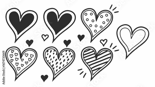Hand drawn doodle hearts set. Black and white love symbols collection. Sketch for Valentines Day, wedding and romance design.