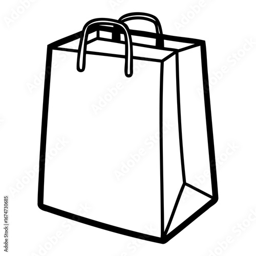 A simple black and white illustration of a paper shopping bag with handles, isolated