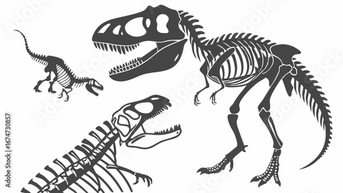 Dinosaur skeletons collection. Prehistoric animal fossils illustration. Ancient extinct creatures bones, black and white vector art.