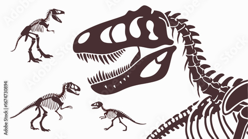 T-Rex and raptor dinosaur skeletons. Prehistoric animal fossils for science, paleontology, and education.