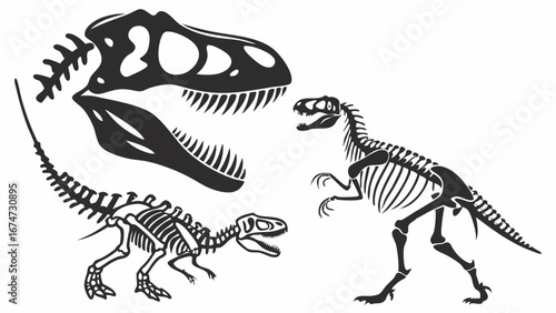 Dinosaur skeletons and T-Rex skull. Prehistoric fossil illustrations for paleontology, science, and education.