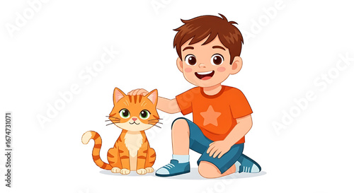 Little kid play with little cat together. Happy cartoon boy stroking cat's head.