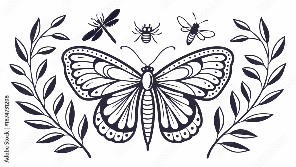 Black and white hand drawn butterfly, dragonfly, bee, spider, and leaves. Nature insect collection sketch illustration.