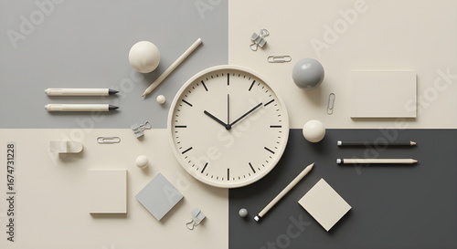 Minimalist Workspace Flat Lay with Clock and Stationery in Neutral Tones