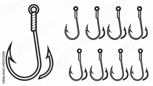 Fishing hooks collection Set of fish hooks for angling sport fishing and bait Black and white vector line art illustration