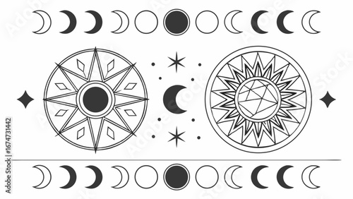 Sun moon phases stars celestial astrology spiritual magic esoteric cosmic vector illustration line art design element