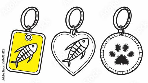Pet tags dog tags cat tags keychains with fish skeleton and paw print vector illustration for animal identification accessories