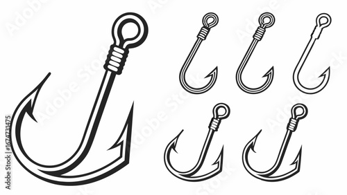 Fishing hook vector icon set. Outline fish hooks for sport fishing equipment and tackle. Angling hobby symbol.