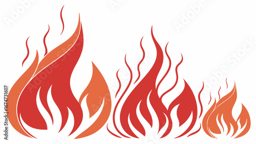 Fire flames illustration. Red and orange hot burning blaze graphic for danger, heat, energy, warning, passion, destruction, hot food.