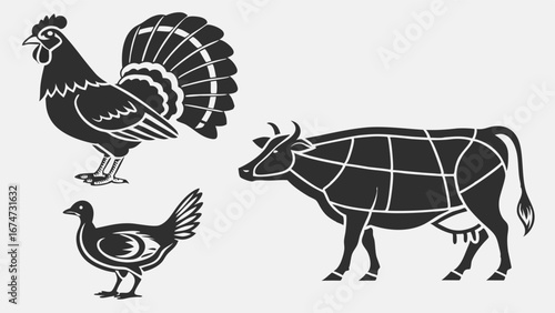 Farm Animals Livestock Poultry Beef Meat Cuts Silhouettes Rooster Duck Cow Diagram Agriculture Food Vector