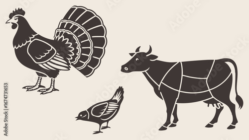 Beef And Poultry Butchery Diagram. Meat Cuts Chart For Cow, Chicken, Rooster, Hen. Farm Animals Food Industry.