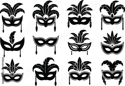 A diverse collection of ornate black silhouette carnival masks for festivals and celebrations