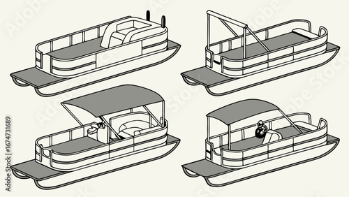 Pontoon boat vector illustration set. Different views of recreational watercraft for summer lake and river activities.