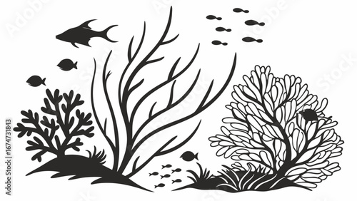 Underwater marine life black and white silhouette illustration fish coral reef seaweed ocean background aquatic ecosystem design