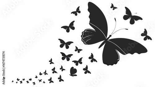 Group of black butterflies flying in a trail on white background. Nature, freedom, transformation, beauty, design.