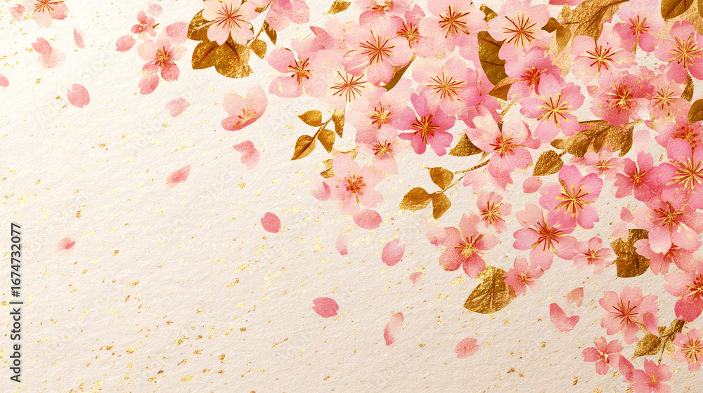 Fototapeta premium 金箔散らしの桜が舞う和紙テクスチャ 