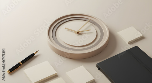 Minimalist Desk Organization with Elegant Clock, Pen, Notebook, and Memo Pads for Productivity