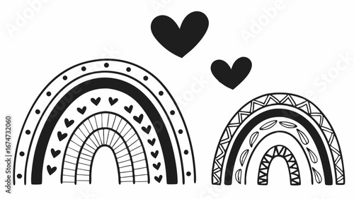Hand drawn black and white rainbows with hearts. Boho decorative arch design element for kids, baby nursery, and modern illustration.