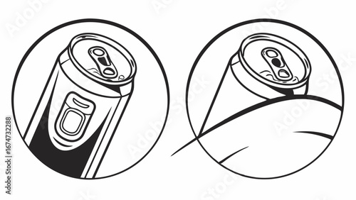 Beverage can top illustration. Drink can opening with pull tab. Aluminum soda can outline icon design. Refreshment packaging.