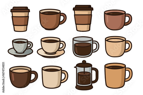 Assortment of coffee cups, mugs, and a french press, ready for enjoyment. These cups filled with the aroma of coffee are a delightful sight for the coffee lover