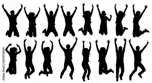 A joyful crowd jumping in silhouette, symbolizing achievement, freedom and happiness. Each person's form is a testament to unbound happiness