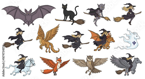 A whimsical array of magical creatures including a cat, witches, and bats are soaring through the air