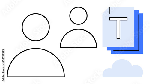 Two user icons, document stack featuring T, and cloud graphic representing teamwork, file sharing, data storage, and digital collaboration. Ideal for technology, workflow, productivity cloud