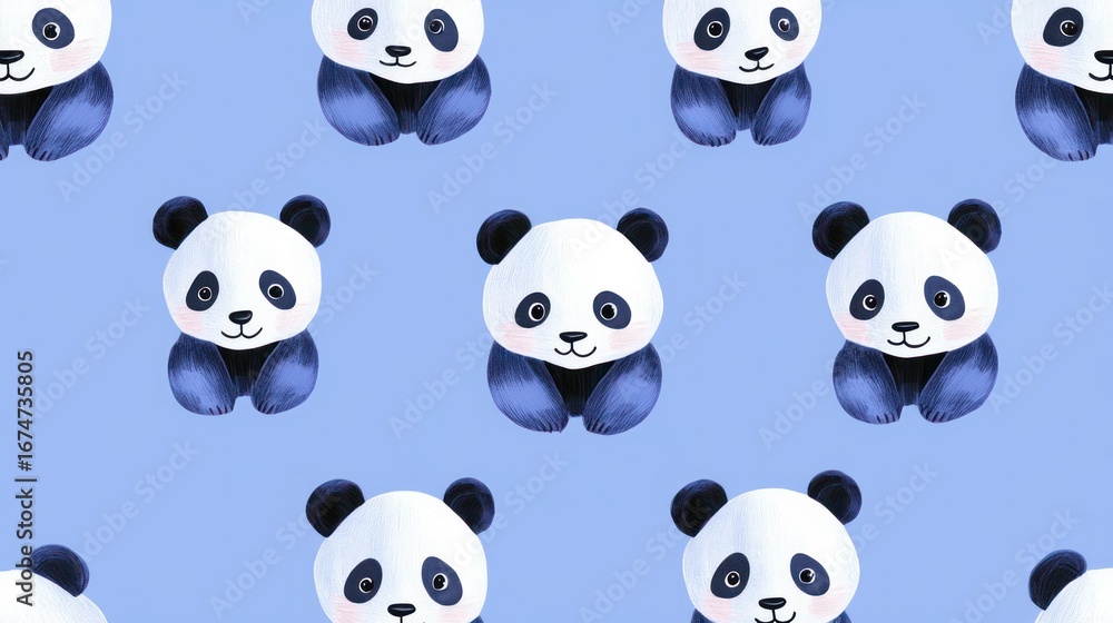 Fototapeta premium Cute panda seamless pattern on blue background