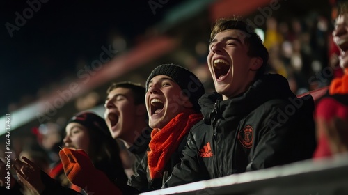 Excited young sports fans cheering at a night game, mouths open in joyful shouts.