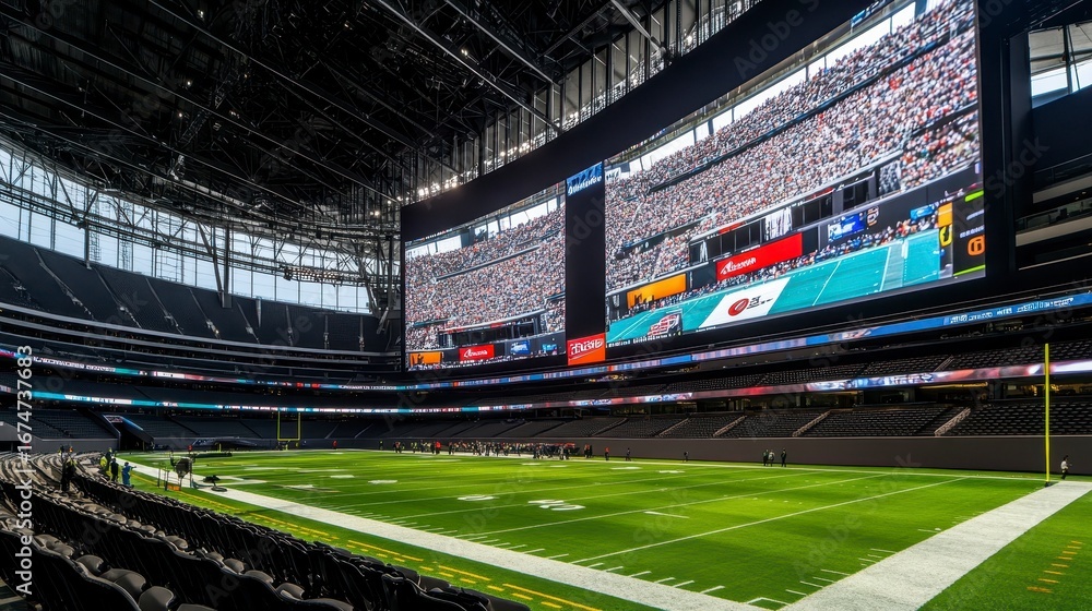 Modern stadium interior with massive scoreboard displaying crowd, empty field, and seating.