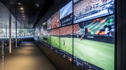 Modern interior with a large video wall displaying multiple sports events.