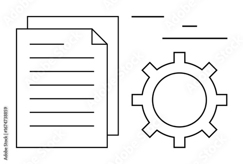 Two paper sheets and a cogwheel, symbolizing documentation, process automation, data management, and system optimization. Ideal for workflow, tech setup, automation, productivity and process