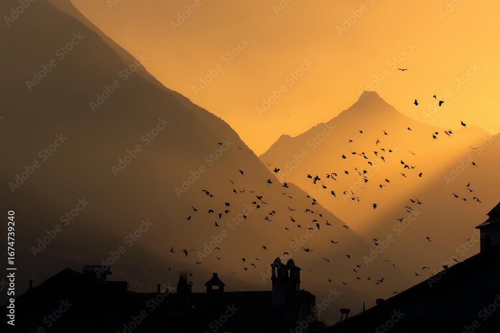 Fototapeta premium Bird Silhouettes at Sunset Over a Mountain Village