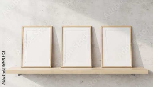 Three blank white picture frames with light wood borders stand vertically on a light wood shelf against a textured concrete wall with soft natural light casting shadows