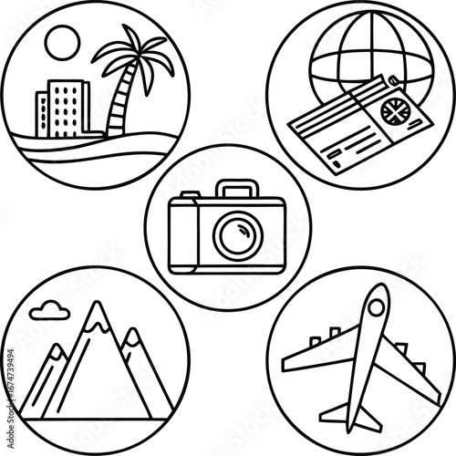 Collection of five circular travel themed line art icons depicting a city skyline with palm tree a globe with passport and tickets a camera mountains and an airplane isolated on transparent background