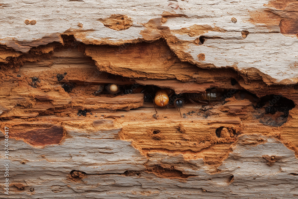 Obraz premium close-up of termite-eaten wood surface, detailed texture, realistic damage pattern