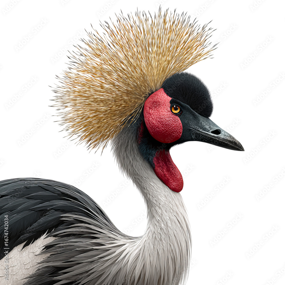 Fototapeta premium Png of detailed portrait of a grey crowned crane isolated on transparent background, highlighting its distinctive features and elegant appearance in studio shot