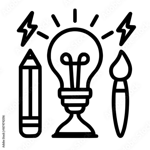 Creative idea generation with pencil, brush, and lightbulb