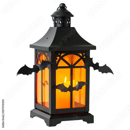 Halloween lantern with black metal frame, orange glass panels, and bat silhouettes, illuminated by a candle inside.