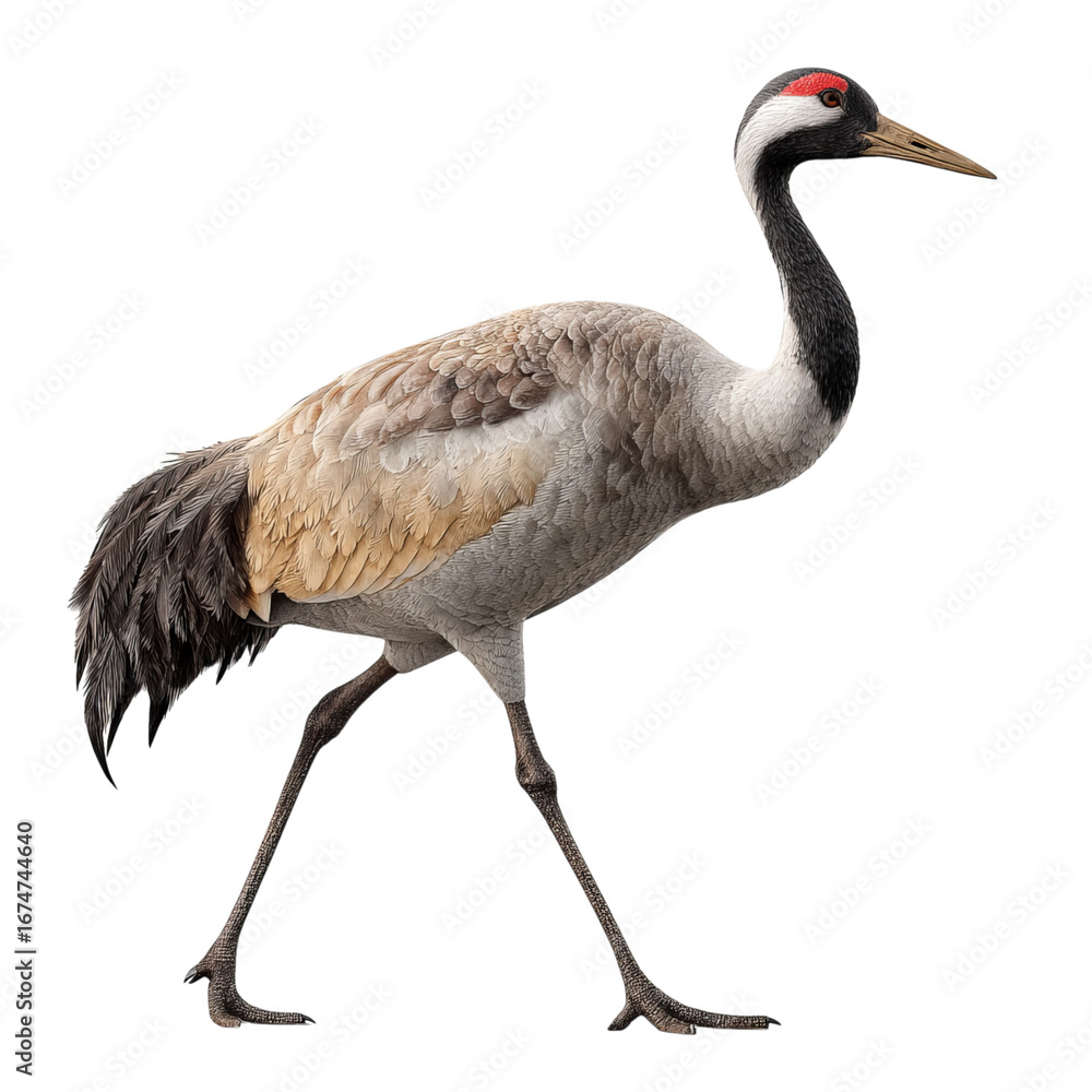 Obraz premium Png of isolated on transparent background, a common crane walking, showcasing its gray plumage, long legs, and distinctive red crown in a side view